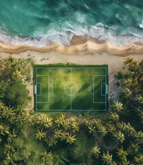 Aerial View of a Soccer Field Near a Tropical Beach