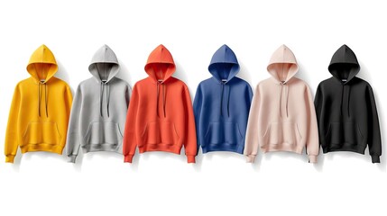 Set of hoodies and sweatshirts on white background.
