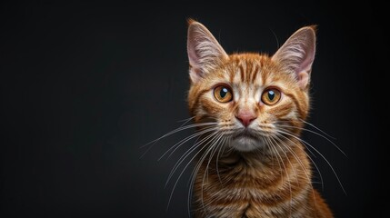 Red domestic cat with a cute expression on black background