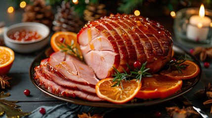 Christmas ham with orange honey glaze on serving plate.