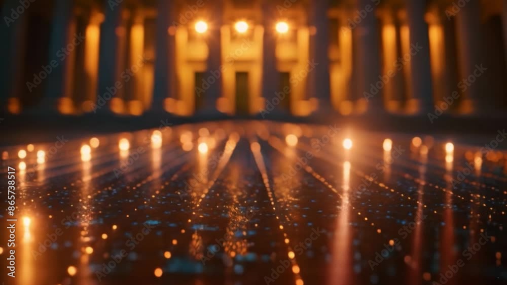 Poster this holographic overlay on a digital image of a large bank with columns. modern finance illustratio