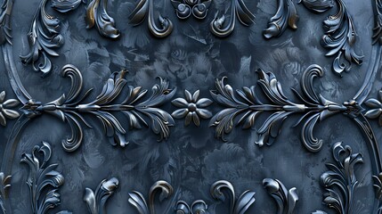 This is a seamless, high-resolution texture of a dark blue metal surface with silver floral flourishes.