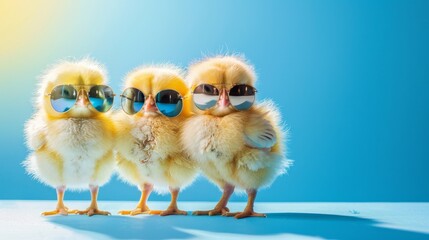 Naklejka premium Adorable Chicks Wearing Sunglasses on a Blue Background - Generative AI