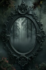 Ornate Black Mirror Reflecting Misty Forest