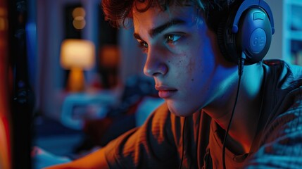 Fototapeta premium Young gamer playing video game wearing headphone. Young gamer playing video game wearing headphone.