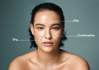 Skin type, woman and portrait with skincare analysis for dermatology and facial texture solution....