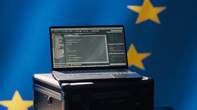 European Union intelligence agency using laptop to protect against mass propaganda tools affecting elections. EU security service engaging in psychological operations using device, camera A - Powered by Adobe