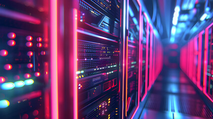 Fototapeta premium Hightech Data Center Featuring Secure Server Racks and Cybersecurity Systems