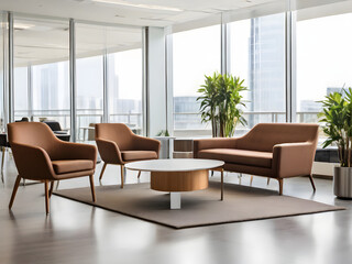 Fototapeta premium Empty Lounge Area with Tables and Chairs in a Modern Office Space After Hours