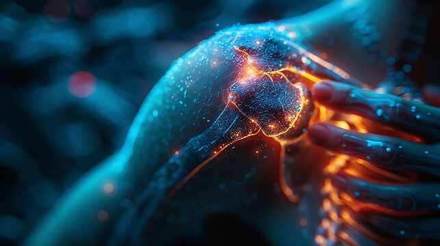 Highlight dislocated shoulder with a glowing Xray depicting the instability it causes and the challenges athletes face in rehabilitation and returning to sport