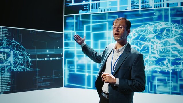 Smiling public speaker hosting AI convention gathering tech startups managers and academics. IT expert moderating symposium, teaching industry workers how to tap into artificial intelligence, camera B