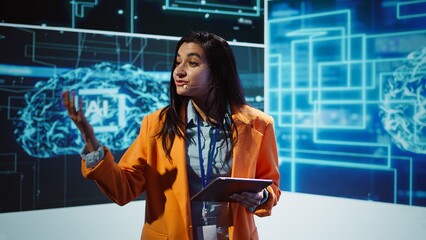 Public speaker doing presentation at tech forum event, explore ways emerging AI technologies can...