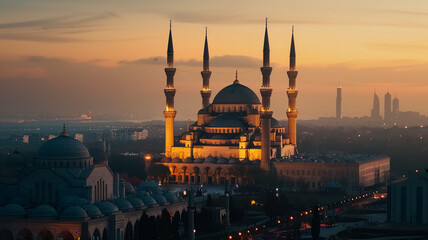 Naklejka premium Blue Mosque at twilight symbolizing spirituality, AI Generative.