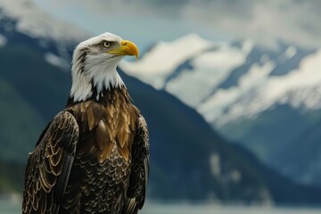 Bald eagle against snowy mountains background