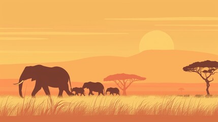 Obraz premium A serene illustration of a family of elephants walking through the African savannah at sunset, with tall grass swaying and acacia trees in the background.