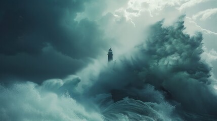 Naklejka premium Lighthouse during storm with huge wave crashing into it