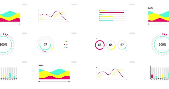 Animated Infographics set. Animation of seven different charts and graphs in bright color isolated on white background. High quality 4k motion design