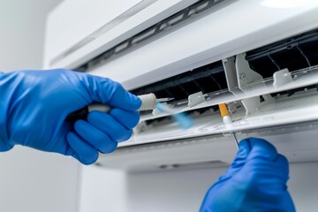Naklejka premium Person in blue gloves cleans air conditioner with brush