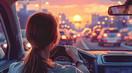 A woman drives a car through city traffic during a vibrant sunset, capturing the essence of urban life, movement, and the beauty of a sunset road trip in a bustling environment.