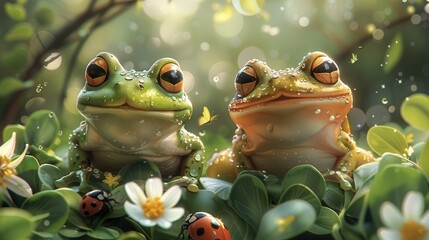 Two vibrant frogs sit among leaves and flowers, surrounded by raindrops and small ladybugs, beautifully illuminated by soft sunlight filtering through the trees.