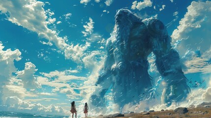 Two children stand in awe as they face a giant sea creature emerging from the ocean, highlighting a sense of wonder and adventure against a vast sky and shimmering waves.