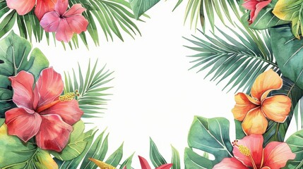 Naklejka premium A beautiful watercolor artwork featuring an array of tropical flowers and green leaves, showcasing exotic beauty and perfect for home or office decor.