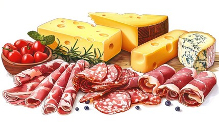 An exquisite cheese and charcuterie board featuring a selection of cheeses and meats, garnished with fresh tomatoes and herbs, ideal for gatherings and parties.