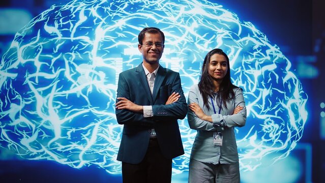 Portrait of smiling team of technicians implementing artificial intelligence parallel processing, breaking up complex computational tasks enabling AI systems to process data faster, camera B