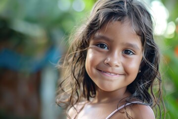 Fototapeta premium Pretty little latin girl smiling happily outside.