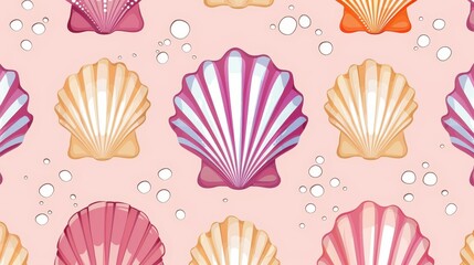 A delightful pattern of various colorful sea shells set against a pink background, this image brings a sense of beach and ocean vibes perfect for summer and marine-themed projects.