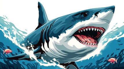 Artistic illustration of a dynamic shark leaping out of turbulent waters, highlighting its fierce expression and the powerful movement amidst the ocean waves.