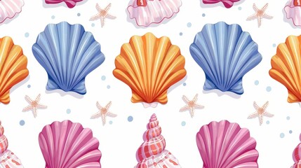 This illustration showcases a lively assortment of vibrant seashells and starfish set against a white background, evoking the charm and vibrance of the seaside in summer.