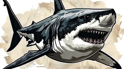 Artwork of a strong shark depicted on a textured background, emphasizing its robust nature, fierce expression, and the artistic elements of the textured portrayal.