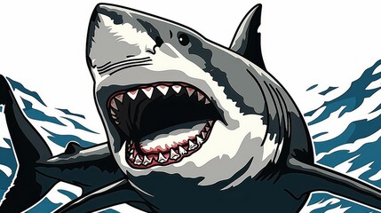 Naklejka premium An animated image of a menacing shark with sharp teeth emerging from the ocean, showcasing its powerful jaws and ferocious expression, styled in vibrant cartoon art.