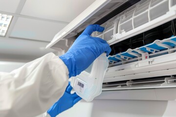A person in blue gloves cleans an air conditioner with a spray bottle