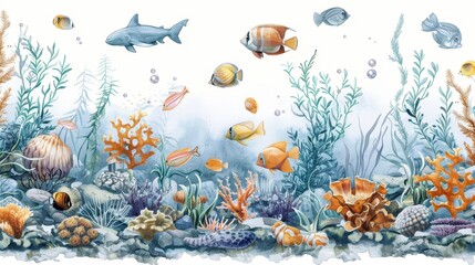 This artwork showcases a vividly illustrated underwater scene with diverse fish species and a variety of corals, depicting the richness of marine life and the beauty of the ocean’s ecosystems.