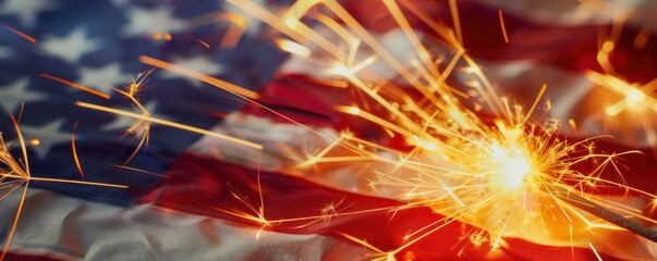 Fototapeta premium Sparkler on American Flag Celebrating Independence Day