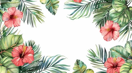 Selbstklebende Fototapeten This image features a beautiful array of vibrant tropical leaves and flowers, showcasing various shades of green and pink, perfect for nature-themed designs and projects. © Design Depot
