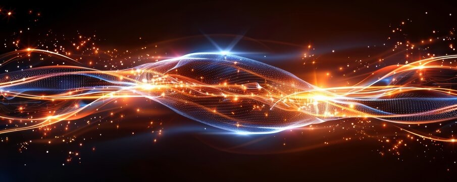 Abstract energy background with vibrant light trails and glowing particles, perfect for technology and futuristic themes in digital designs.