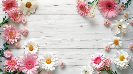 A gorgeous assortment of bright pink and white flowers, including daisies, laid out on a white wooden board, ideal for decorative and nature-themed projects.