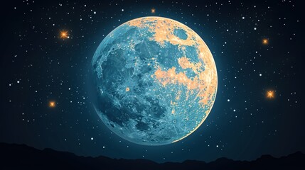 Fototapeta premium The image presents a bright moon in hues of blue and yellow amidst a starry sky, offering an artistic and contemporary depiction of celestial beauty and night serenity.