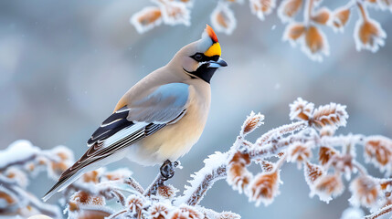 Perched frostcovered branch boreal forest of Scandinavia vibrant color of Bohemian Waxwing brighten winter landscape sleek form distinctive marking rare songbird add burst of color wintry scene