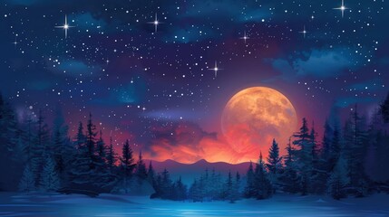 Naklejka premium An enchanting night landscape featuring a red full moon over snowy trees, with twinkling stars and a stunning twilight sky, creating a calming and magical visual.