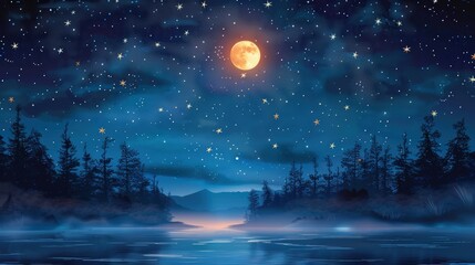 A serene nighttime scene showcasing a bright full moon hanging in a starry sky above a calm forest lake surrounded by trees and mountains in the background.