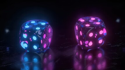 Two dice glow vibrantly in neon blue and pink lights, set against a dark background. The artistic composition and energetic colors create a mesmerizing visual.
