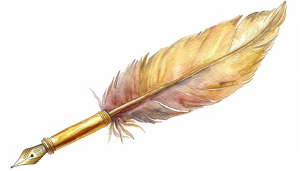 A luxurious quill pen showcasing a bronze feather and a detailed ink nib, reflecting an ancient and elegant writing tool perfect for calligraphers and writers.