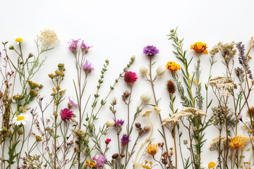 Wild dried meadow flowers on white background top view