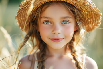 Cute kid girl with pigtails wearing straw hat close-up portrait summer vacation concept