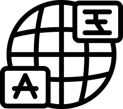 Simple black and white icon of a globe with speech bubbles containing different alphabets, representing international communication