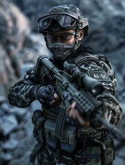 Soldier in Camouflage Uniform Holding Rifle in Combat Ready Stance
